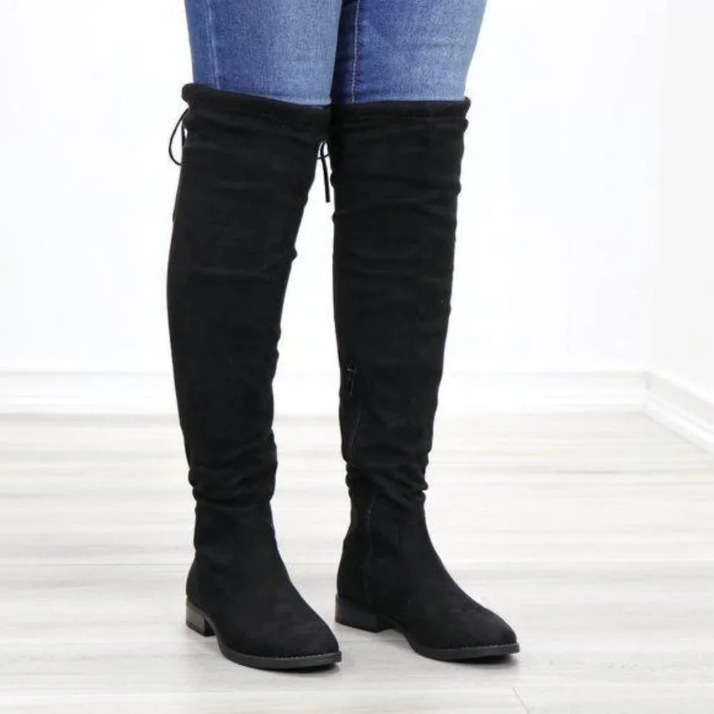 Black Suede Over the Knee Boots Low Heel Tie Back Detail
